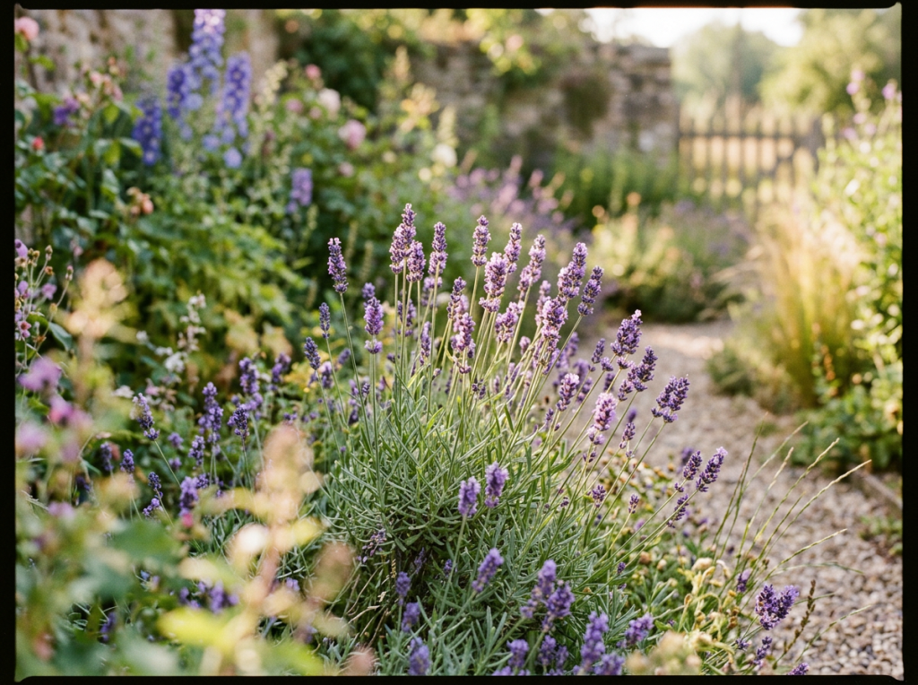 Lavender plants blooming along a gravel garden path with soft sunlight