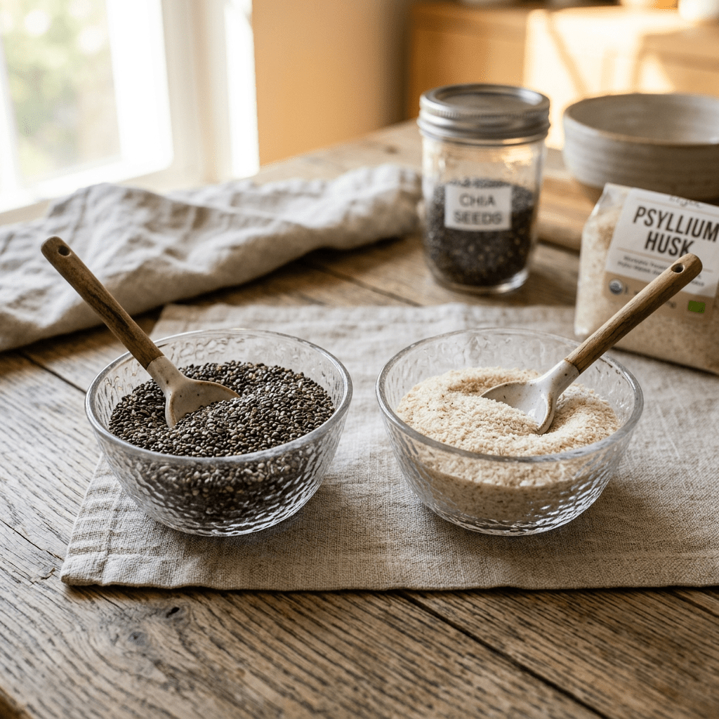 Glass bowls with chia seeds and psyllium husk powder with wooden spoons
