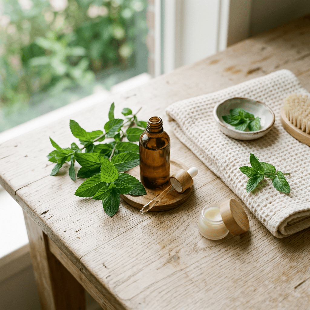 Mint leaves, amber dropper bottle, balm, towel, and brush on wooden table