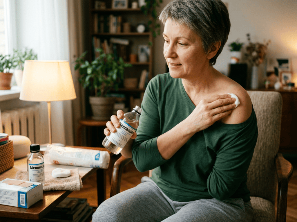Woman applying Menovazin to her shoulder with cotton while holding the bottle