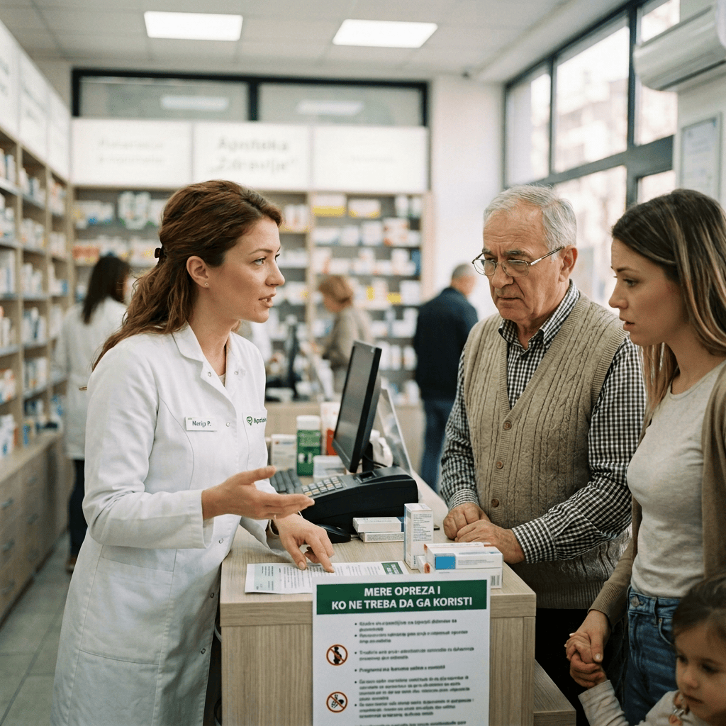 Pharmacist assisting an older man and family beside sign reading “MERE OPREZA! KO NE TREBA DA GA KORISTI”