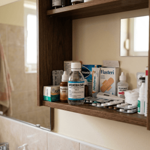 Bathroom shelf with Panadol, Flasteri, Jelokoderm, isopropyl alcohol, tablets, and thermometer