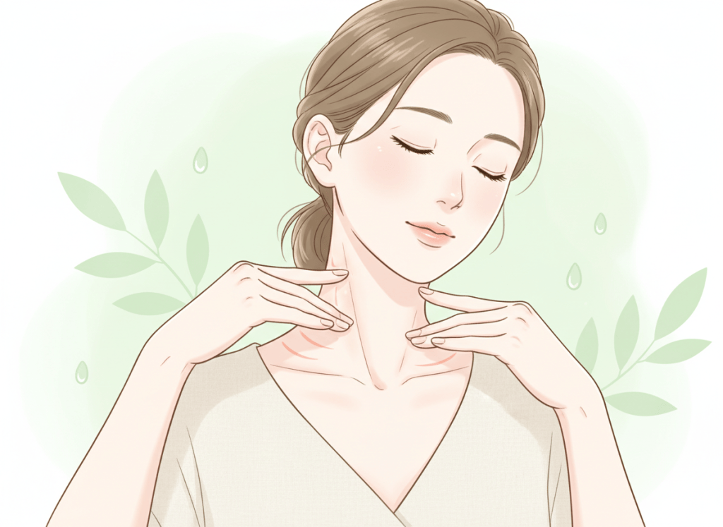 A serene, professional wellness illustration showing gentle lymphatic self-massage on neck and collarbone area. Soft, clean aesthetic with pastel tones — light green and cream colors. A woman's hands gently massaging her neck/collarbone area. Calm, health-focused, spa-like mood. No text.