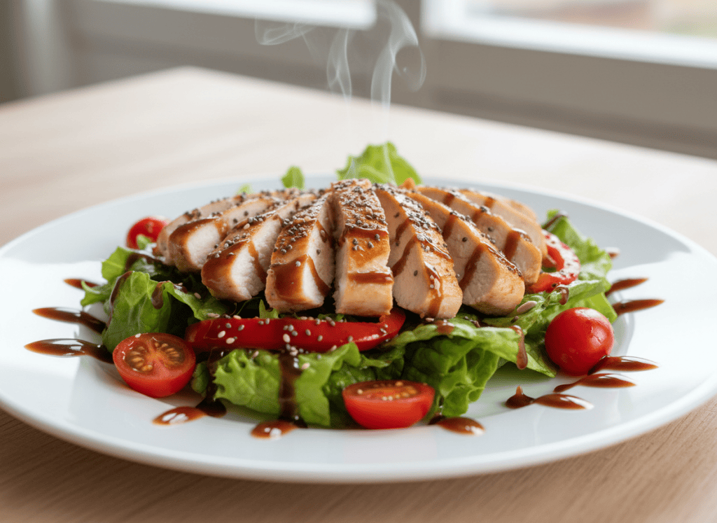 A warm chicken breast salad served on a white plate. Grilled sliced chicken breast with sautéed red bell pepper strips, fresh green lettuce leaves, cherry tomatoes, drizzled with soy and teriyaki sauce, topped with mixed seeds. Bright, appetizing food photography style, natural lighting, clean background, healthy and fresh looking.