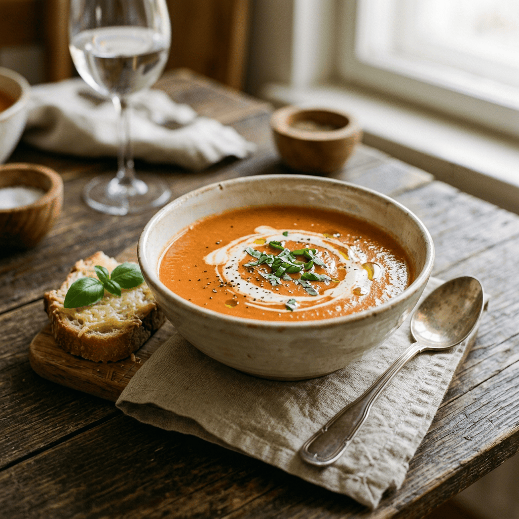 Bowl of creamy tomato soup with herbs, bread, and spoon