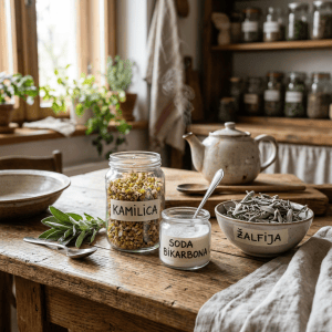 Jars labeled KAMILICA and SODA BIKARBONA beside a bowl labeled ŽALFIJA