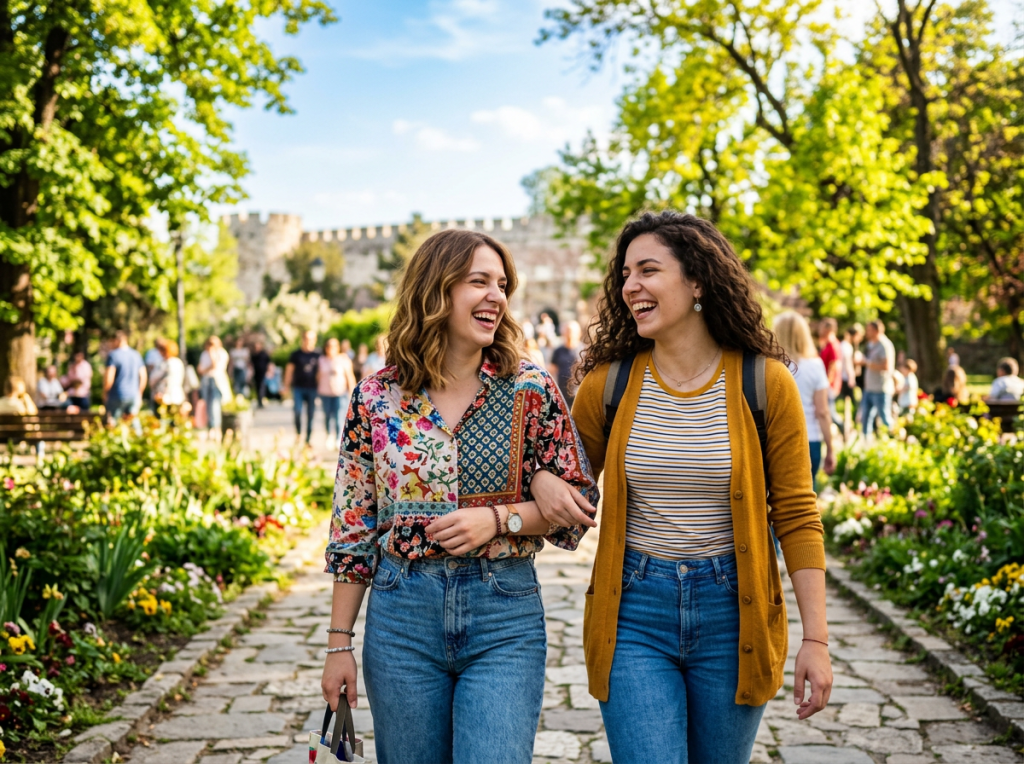 Two friends laughing as they walk through flower gardens near a castle