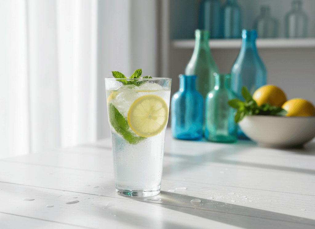 A beautiful and clean featured image for a health and beauty blog post about drinking water correctly. A glass of fresh water with lemon slices and mint leaves on a white wooden table. Natural light, soft and elegant style. Green and blue tones, very fresh and inviting. No text on the image.